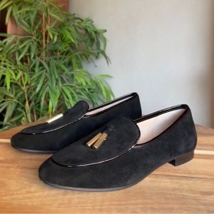 Louise et Cie, Lo-Blondell Black Suede Loafers, Tassels, Gold Accents, Size 6.5